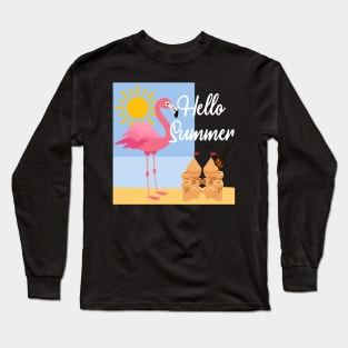 Hello Summer Pink Flamingo Design Long Sleeve T-Shirt